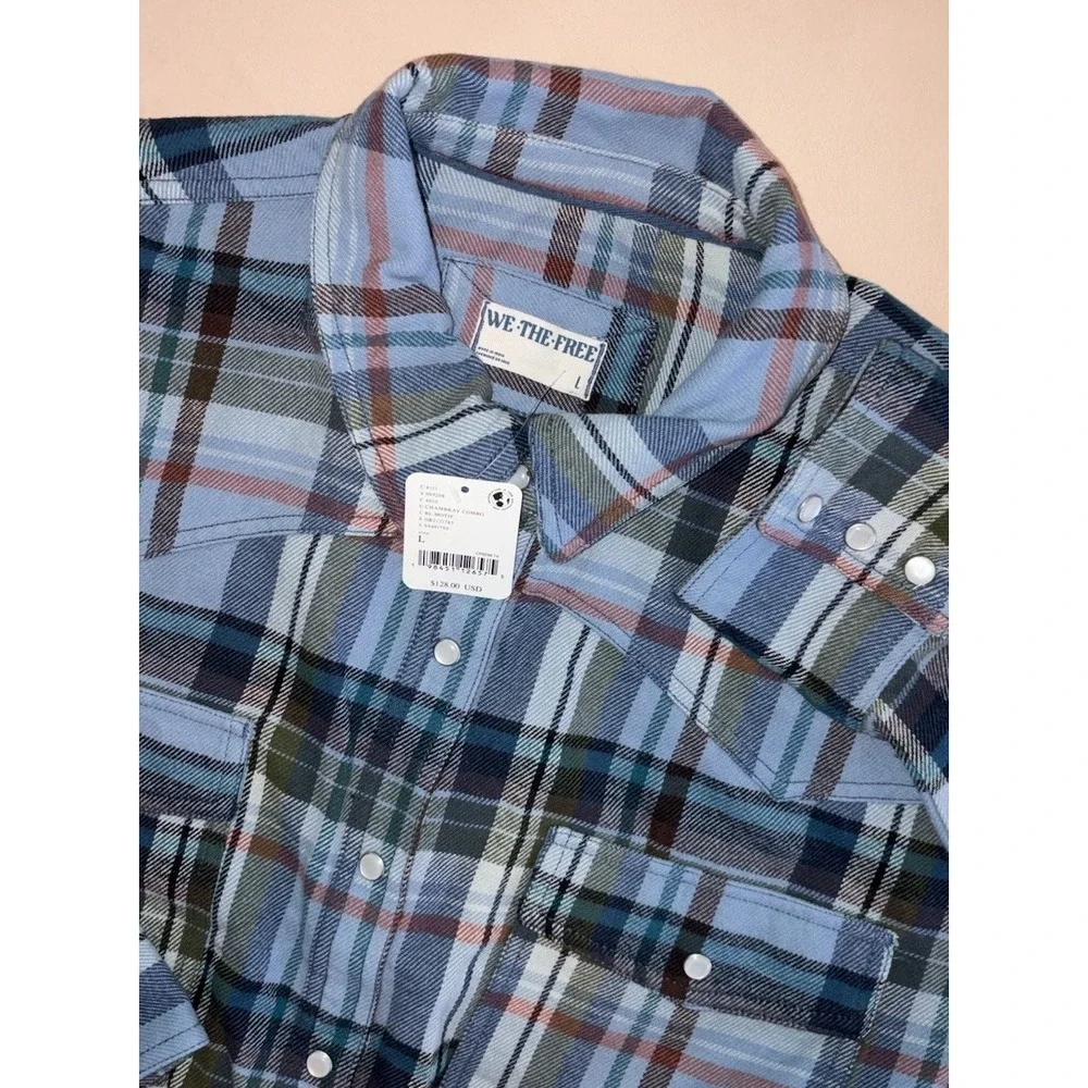 New Free People We The Free Hideaway Plaid Shirt Pearl Snap Blue Large Boho